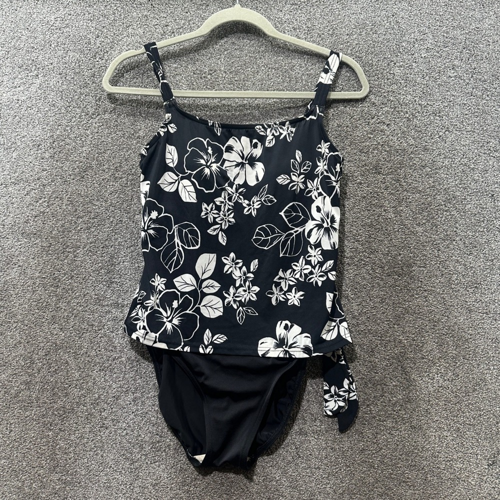 LL Bean One Piece Swimsuit Women 10 Black‎ White Floral Hibiscus Tropical Beach